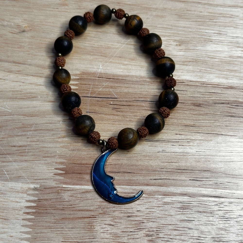Tiger Eye and Rudraksha Seed Stretch Bracelet with Blue Enamel Crescent Moon